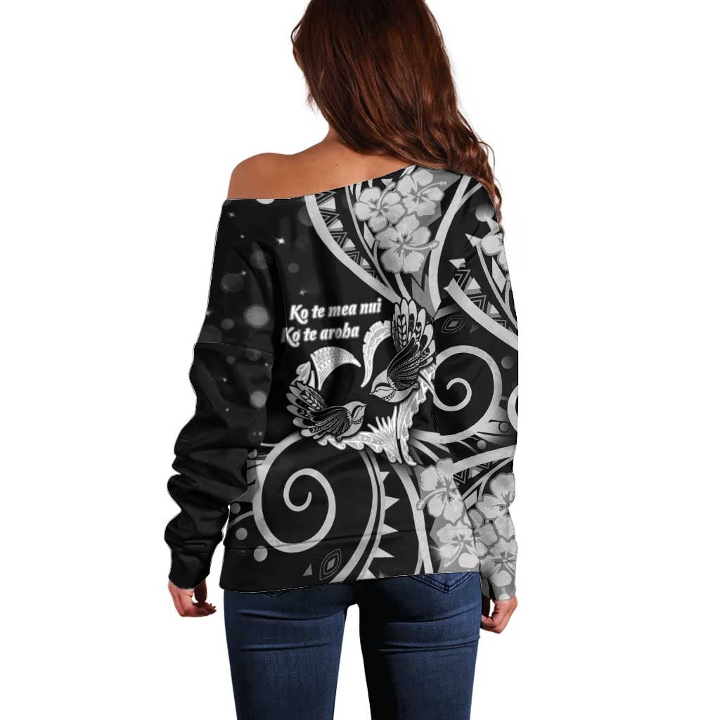New Zealand Valentine Off Shoulder Sweater Aroha Gray Piwakawaka LT05 - Polynesian Pride