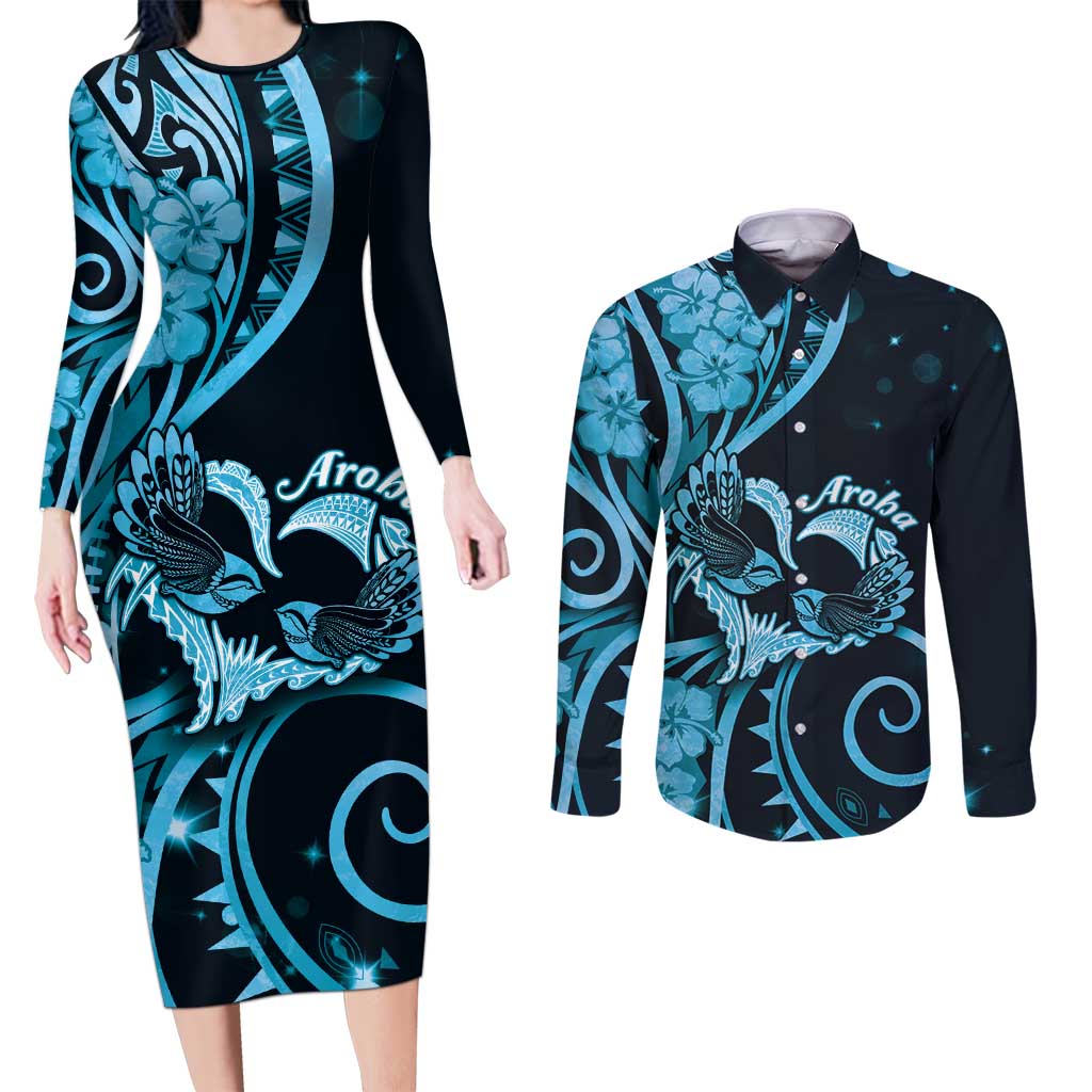 New Zealand Valentine Couples Matching Long Sleeve Bodycon Dress and Long Sleeve Button Shirt Aroha Cyan Piwakawaka LT05 Cyan - Polynesian Pride
