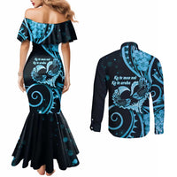 New Zealand Valentine Couples Matching Mermaid Dress and Long Sleeve Button Shirt Aroha Cyan Piwakawaka LT05 - Polynesian Pride