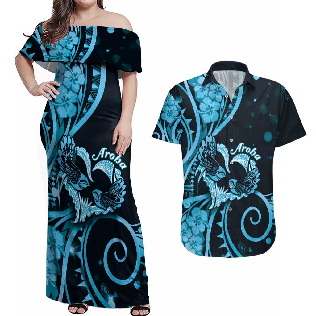 New Zealand Valentine Couples Matching Off Shoulder Maxi Dress and Hawaiian Shirt Aroha Cyan Piwakawaka LT05 Cyan - Polynesian Pride