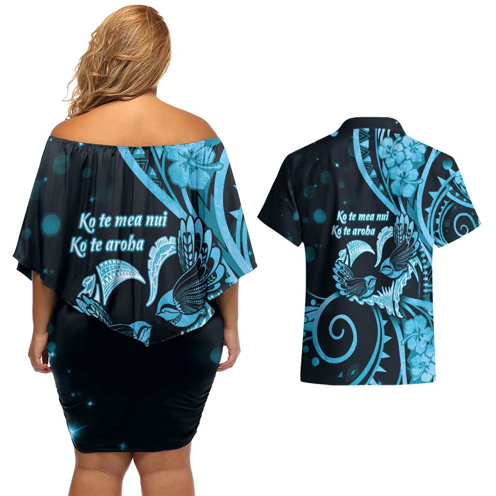 New Zealand Valentine Couples Matching Off Shoulder Short Dress and Hawaiian Shirt Aroha Cyan Piwakawaka LT05 - Polynesian Pride
