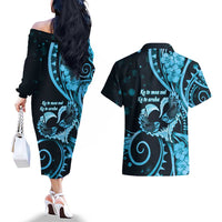 New Zealand Valentine Couples Matching Off The Shoulder Long Sleeve Dress and Hawaiian Shirt Aroha Cyan Piwakawaka LT05 - Polynesian Pride