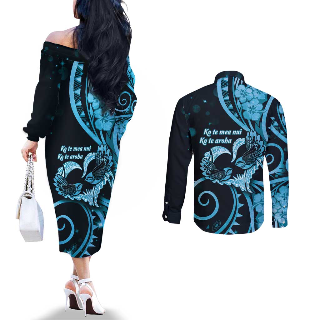 New Zealand Valentine Couples Matching Off The Shoulder Long Sleeve Dress and Long Sleeve Button Shirt Aroha Cyan Piwakawaka LT05 - Polynesian Pride