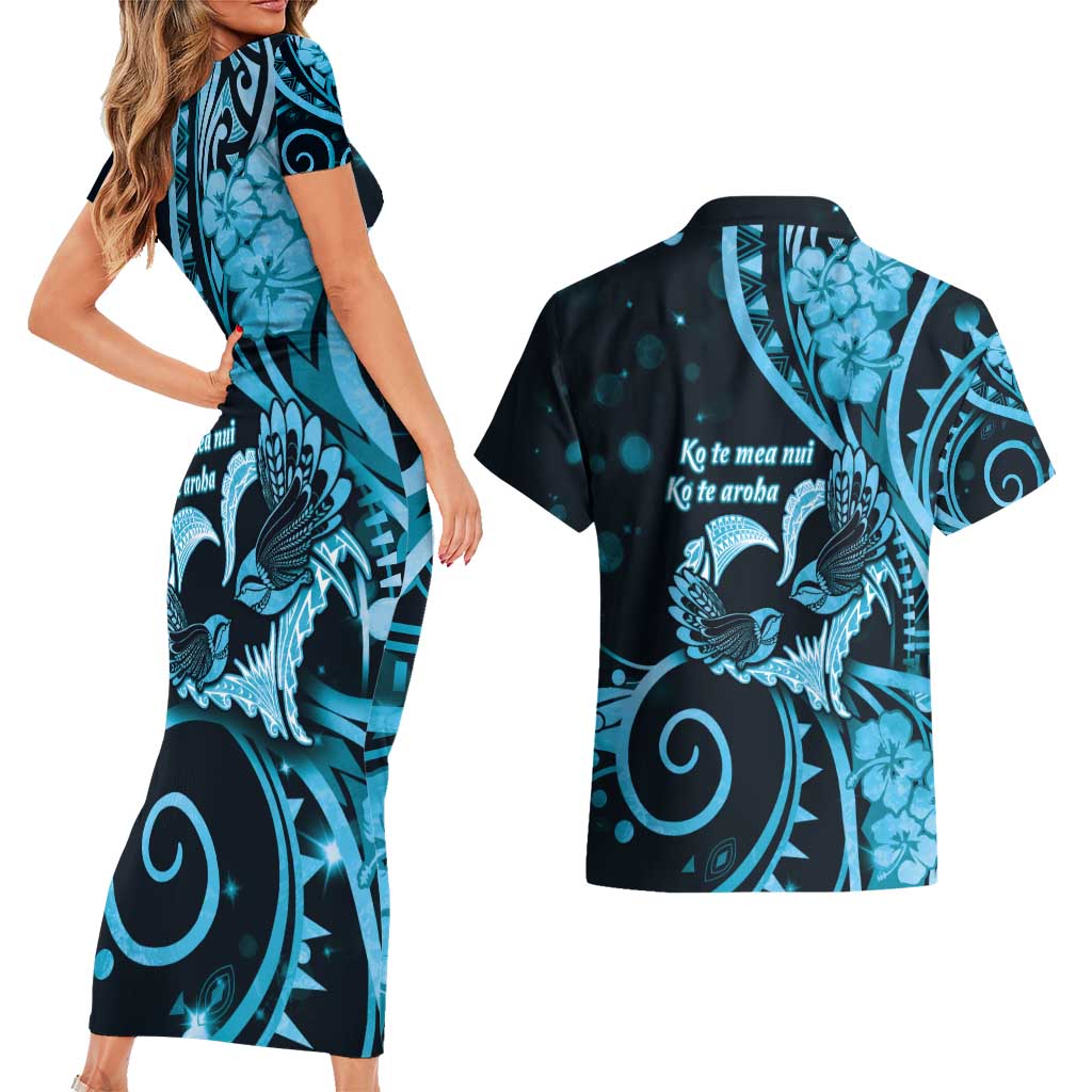 New Zealand Valentine Couples Matching Short Sleeve Bodycon Dress and Hawaiian Shirt Aroha Cyan Piwakawaka LT05 - Polynesian Pride