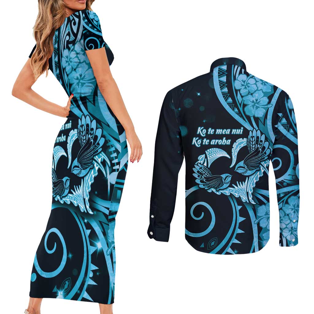 New Zealand Valentine Couples Matching Short Sleeve Bodycon Dress and Long Sleeve Button Shirt Aroha Cyan Piwakawaka LT05 - Polynesian Pride