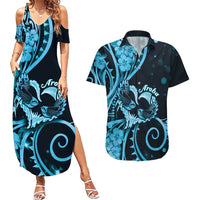 New Zealand Valentine Couples Matching Summer Maxi Dress and Hawaiian Shirt Aroha Cyan Piwakawaka LT05 Cyan - Polynesian Pride