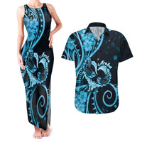 New Zealand Valentine Couples Matching Tank Maxi Dress and Hawaiian Shirt Aroha Cyan Piwakawaka LT05 Cyan - Polynesian Pride