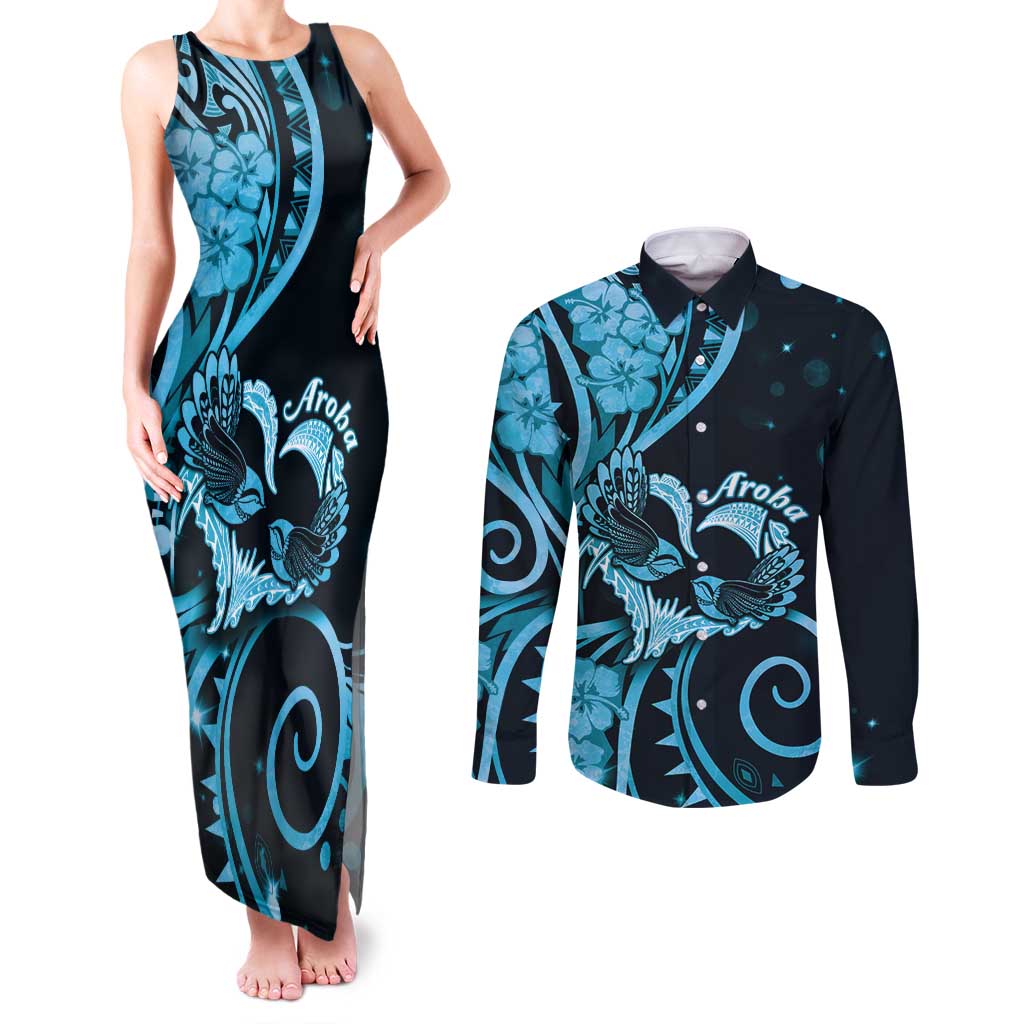 New Zealand Valentine Couples Matching Tank Maxi Dress and Long Sleeve Button Shirt Aroha Cyan Piwakawaka LT05 Cyan - Polynesian Pride