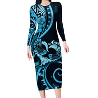 New Zealand Valentine Family Matching Long Sleeve Bodycon Dress and Hawaiian Shirt Aroha Cyan Piwakawaka LT05 Mom's Dress Cyan - Polynesian Pride