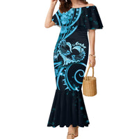 New Zealand Valentine Family Matching Mermaid Dress and Hawaiian Shirt Aroha Cyan Piwakawaka LT05 Mom's Dress Cyan - Polynesian Pride