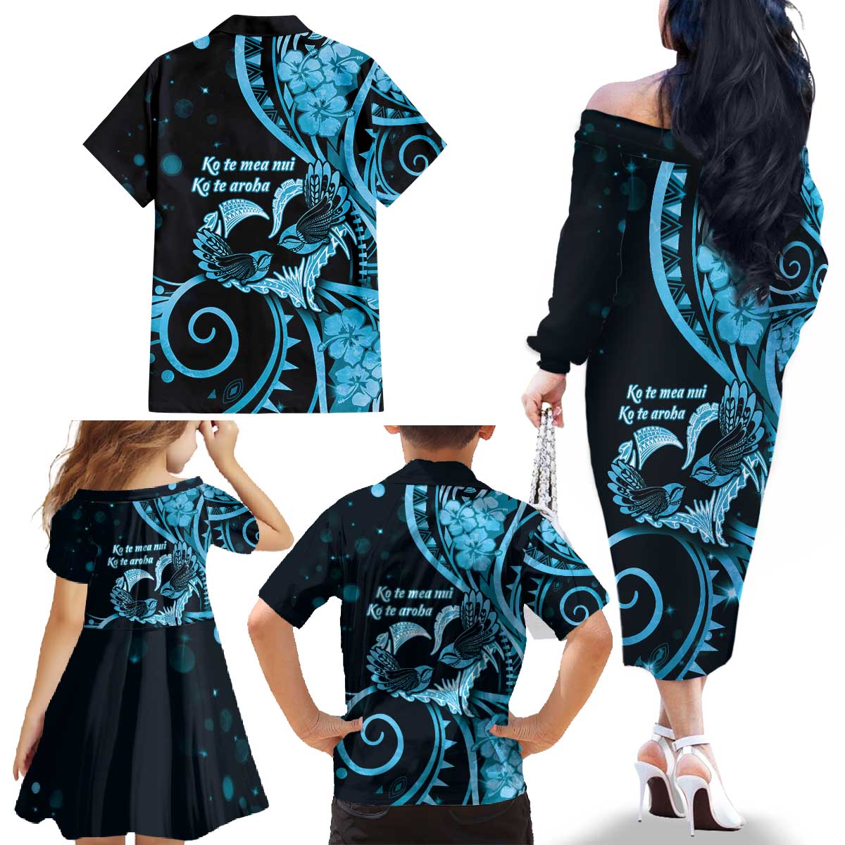 New Zealand Valentine Family Matching Off The Shoulder Long Sleeve Dress and Hawaiian Shirt Aroha Cyan Piwakawaka LT05 - Polynesian Pride