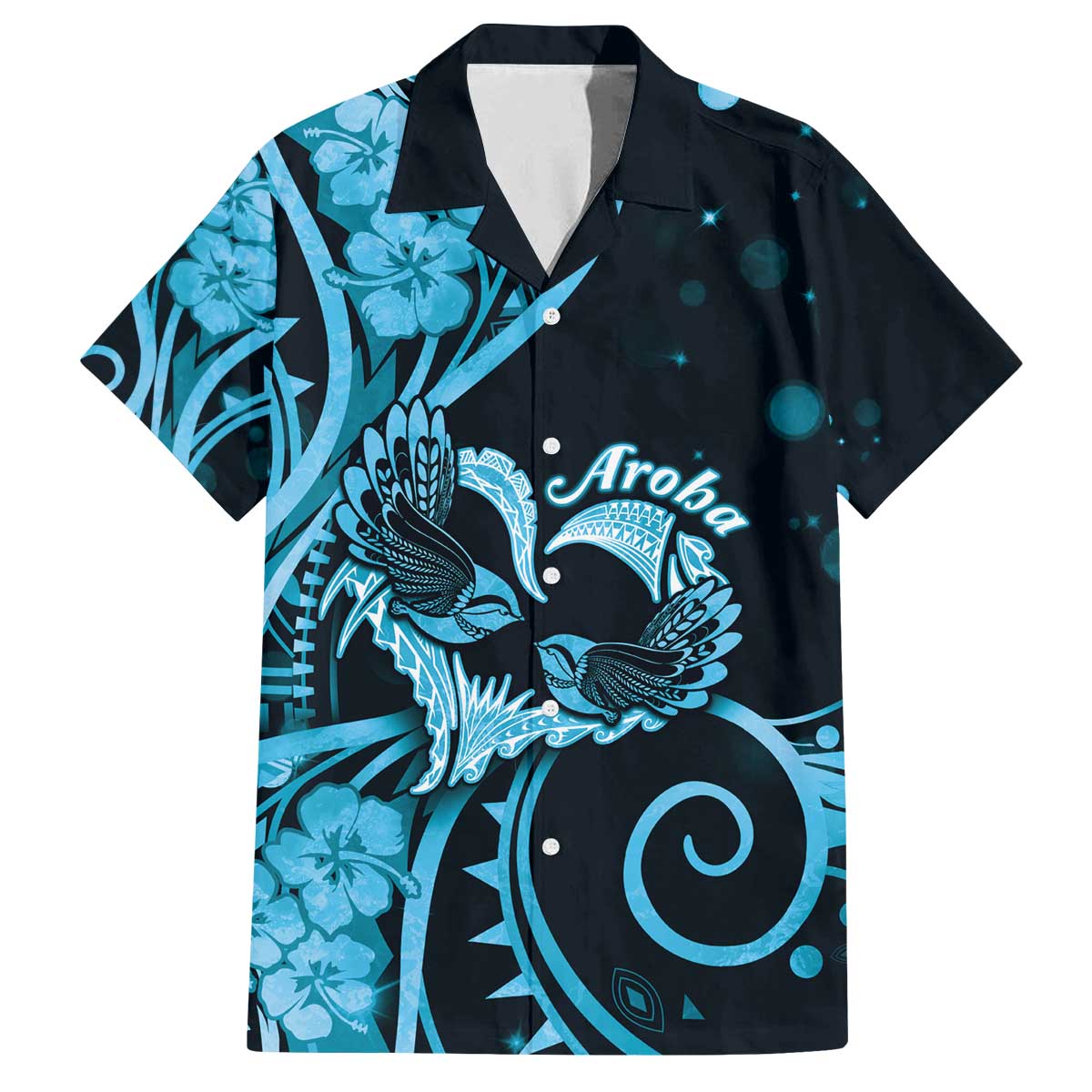 New Zealand Valentine Family Matching Off The Shoulder Long Sleeve Dress and Hawaiian Shirt Aroha Cyan Piwakawaka LT05 - Polynesian Pride