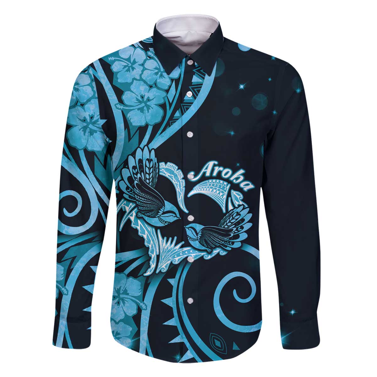 New Zealand Valentine Family Matching Off The Shoulder Long Sleeve Dress and Hawaiian Shirt Aroha Cyan Piwakawaka LT05 - Polynesian Pride