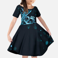 New Zealand Valentine Family Matching Off Shoulder Maxi Dress and Hawaiian Shirt Aroha Cyan Piwakawaka LT05 Daughter's Dress Cyan - Polynesian Pride