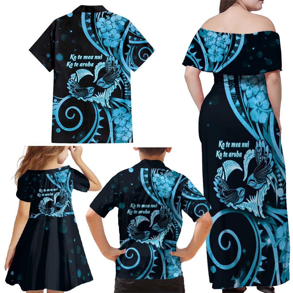 New Zealand Valentine Family Matching Off Shoulder Maxi Dress and Hawaiian Shirt Aroha Cyan Piwakawaka LT05 - Polynesian Pride