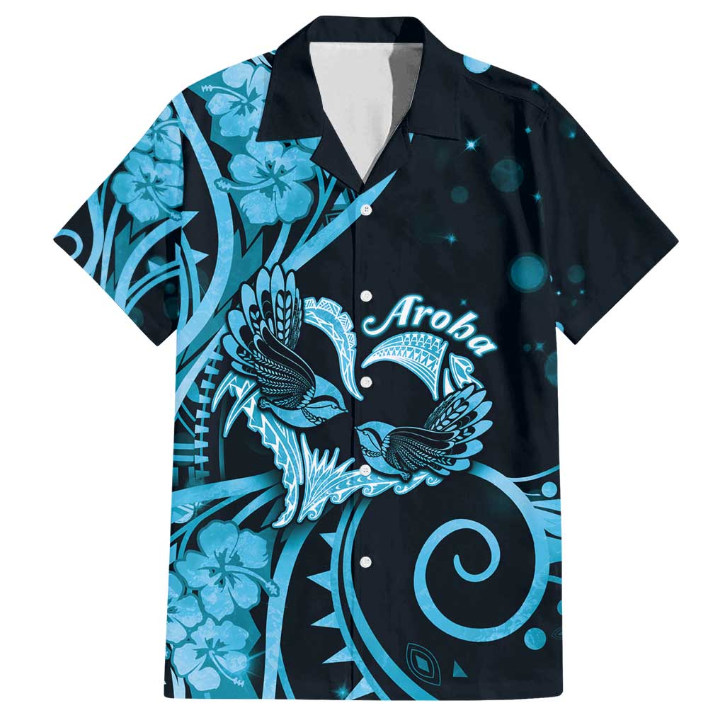 New Zealand Valentine Family Matching Off Shoulder Maxi Dress and Hawaiian Shirt Aroha Cyan Piwakawaka LT05 Dad's Shirt - Short Sleeve Cyan - Polynesian Pride