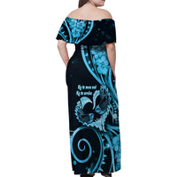 New Zealand Valentine Family Matching Off Shoulder Maxi Dress and Hawaiian Shirt Aroha Cyan Piwakawaka LT05 - Polynesian Pride