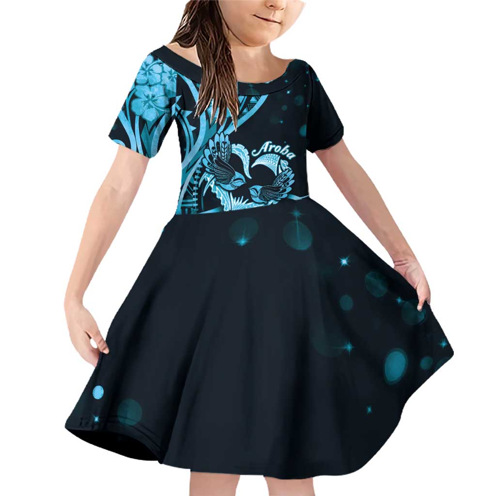 New Zealand Valentine Family Matching Off Shoulder Short Dress and Hawaiian Shirt Aroha Cyan Piwakawaka LT05 Daughter's Dress Cyan - Polynesian Pride