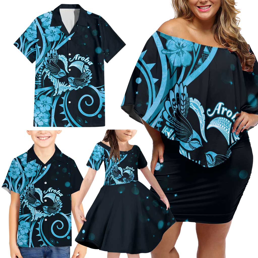New Zealand Valentine Family Matching Off Shoulder Short Dress and Hawaiian Shirt Aroha Cyan Piwakawaka LT05 - Polynesian Pride