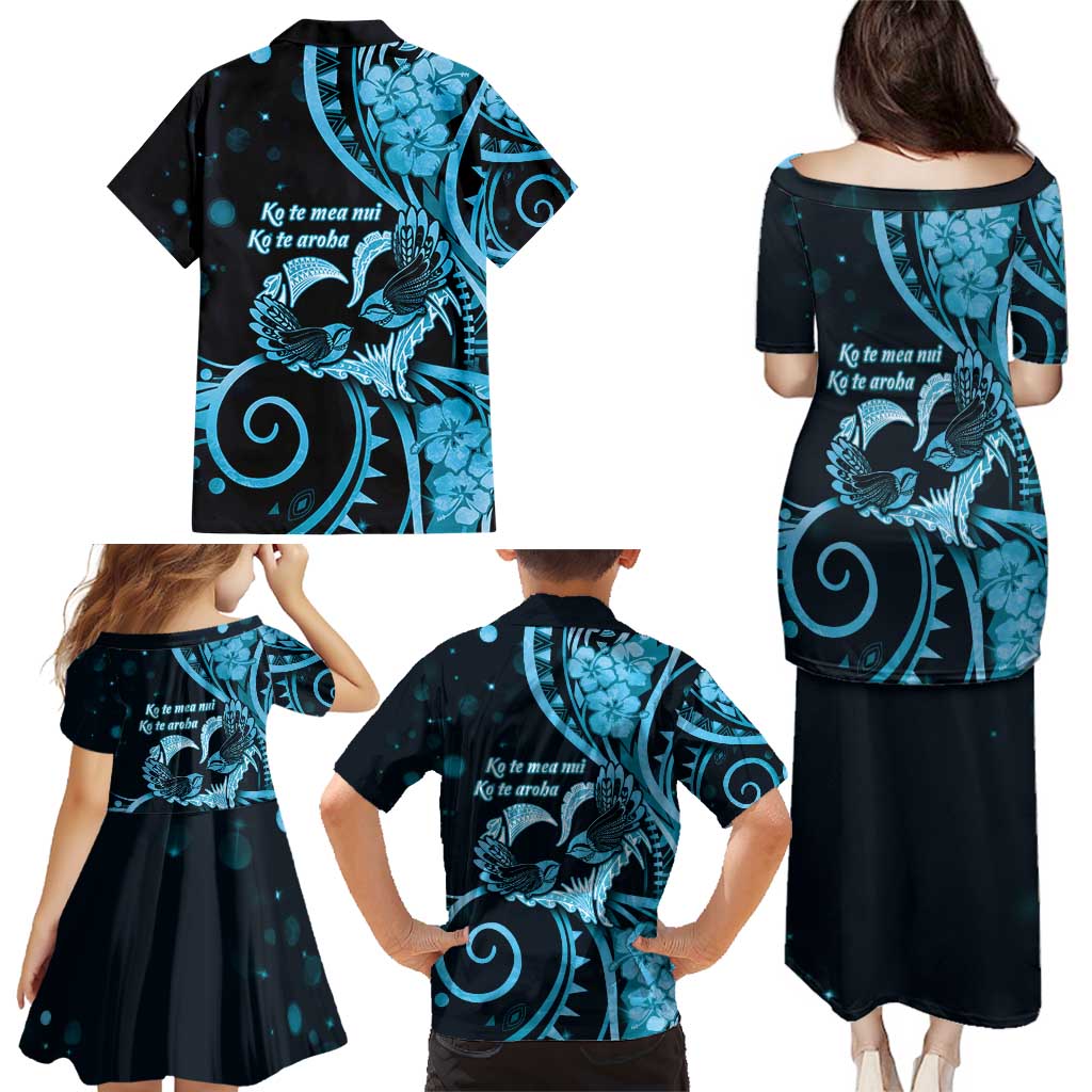 New Zealand Valentine Family Matching Puletasi and Hawaiian Shirt Aroha Cyan Piwakawaka LT05 - Polynesian Pride