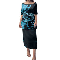 New Zealand Valentine Family Matching Puletasi and Hawaiian Shirt Aroha Cyan Piwakawaka LT05 Mom's Dress Cyan - Polynesian Pride