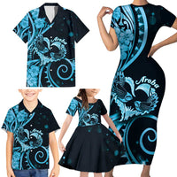 New Zealand Valentine Family Matching Short Sleeve Bodycon Dress and Hawaiian Shirt Aroha Cyan Piwakawaka LT05 - Polynesian Pride