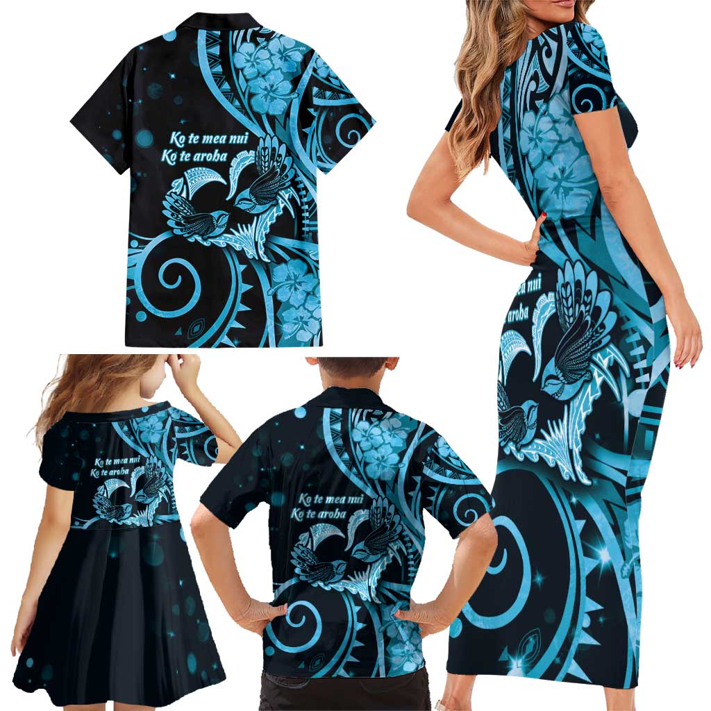New Zealand Valentine Family Matching Short Sleeve Bodycon Dress and Hawaiian Shirt Aroha Cyan Piwakawaka LT05 - Polynesian Pride