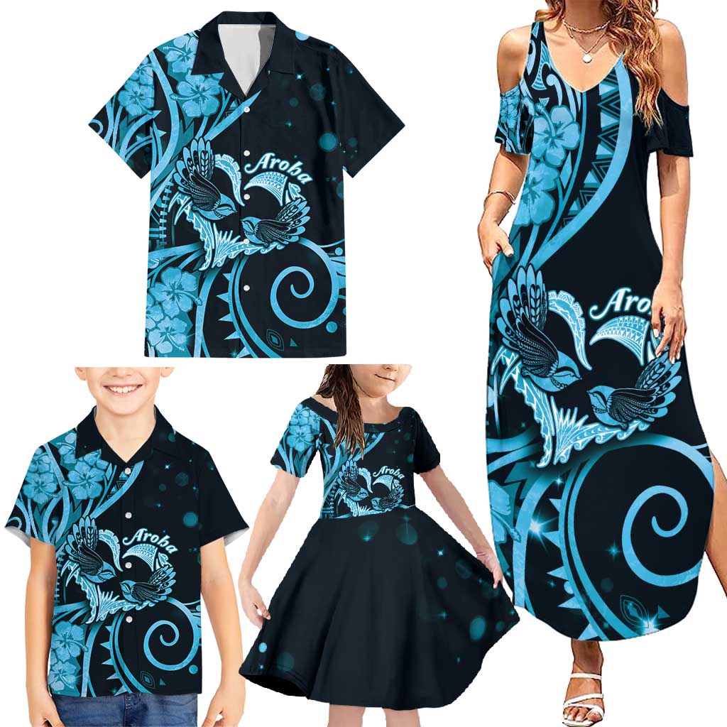 New Zealand Valentine Family Matching Summer Maxi Dress and Hawaiian Shirt Aroha Cyan Piwakawaka LT05 - Polynesian Pride