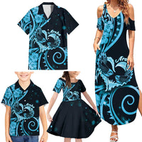 New Zealand Valentine Family Matching Summer Maxi Dress and Hawaiian Shirt Aroha Cyan Piwakawaka LT05 - Polynesian Pride