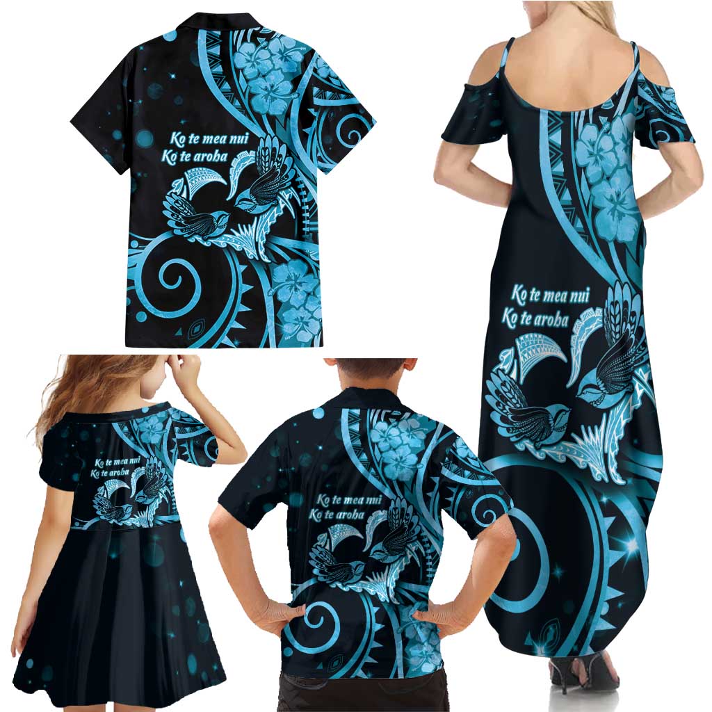 New Zealand Valentine Family Matching Summer Maxi Dress and Hawaiian Shirt Aroha Cyan Piwakawaka LT05 - Polynesian Pride