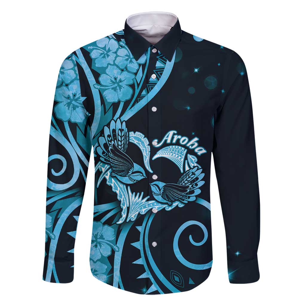 New Zealand Valentine Family Matching Summer Maxi Dress and Hawaiian Shirt Aroha Cyan Piwakawaka LT05 Dad's Shirt - Long Sleeve Cyan - Polynesian Pride
