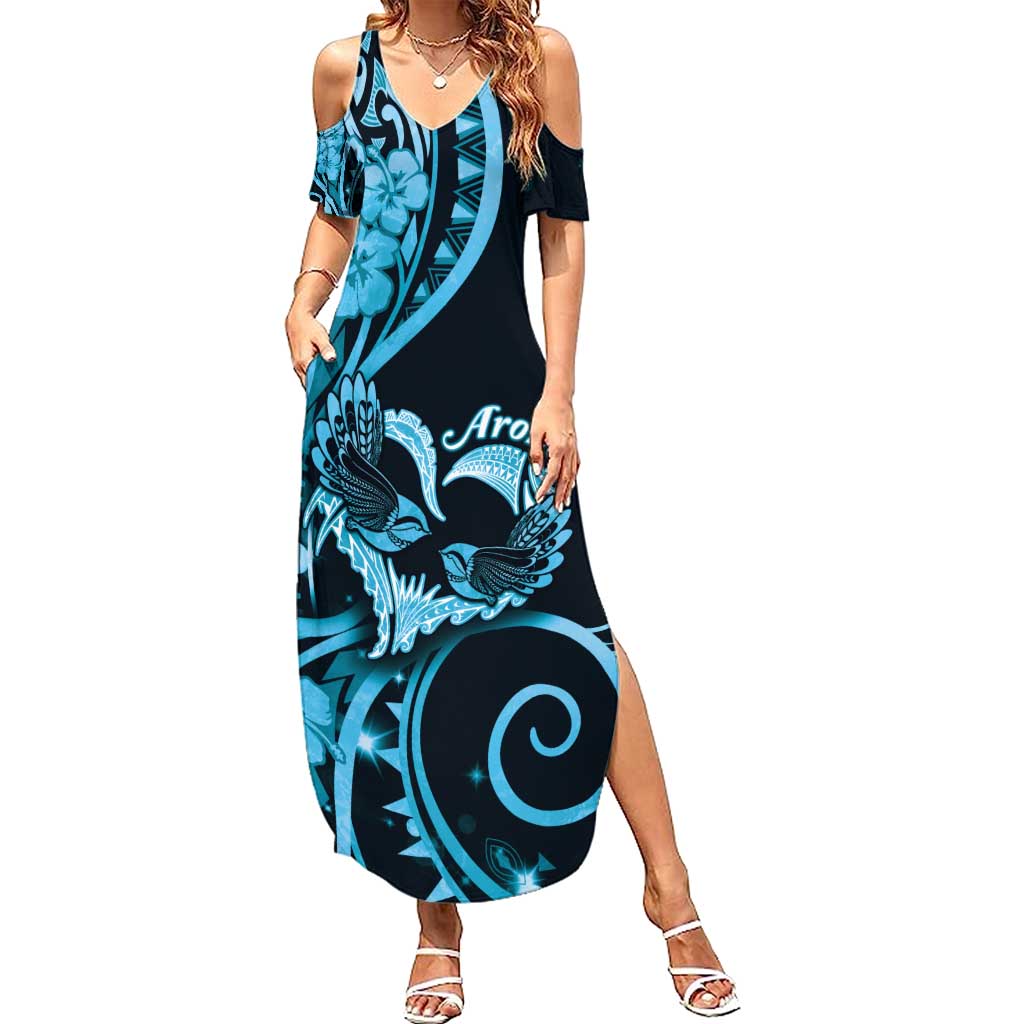 New Zealand Valentine Family Matching Summer Maxi Dress and Hawaiian Shirt Aroha Cyan Piwakawaka LT05 Mom's Dress Cyan - Polynesian Pride