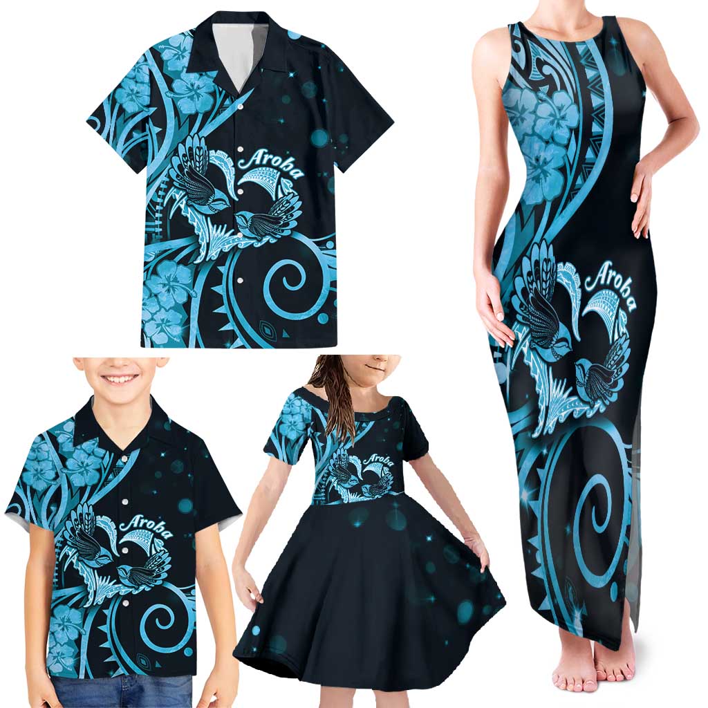 New Zealand Valentine Family Matching Tank Maxi Dress and Hawaiian Shirt Aroha Cyan Piwakawaka LT05 - Polynesian Pride