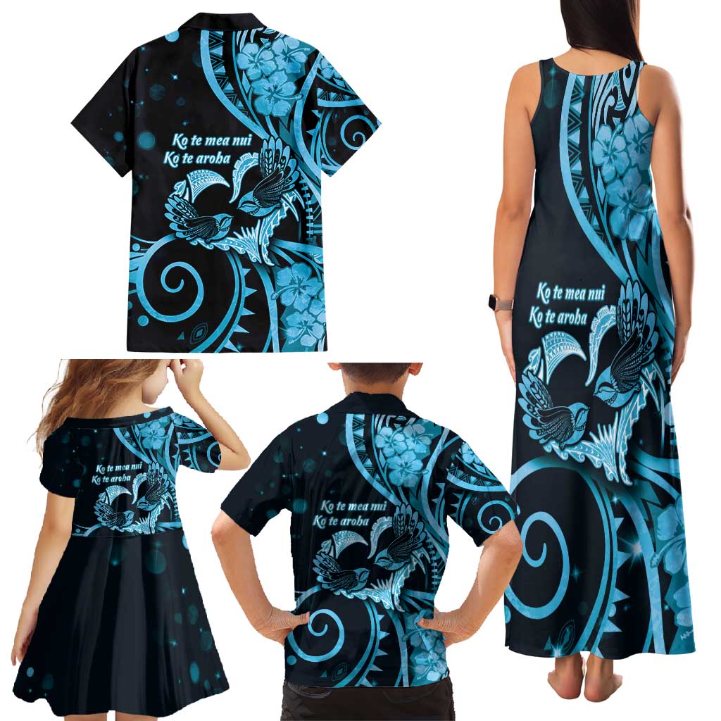 New Zealand Valentine Family Matching Tank Maxi Dress and Hawaiian Shirt Aroha Cyan Piwakawaka LT05 - Polynesian Pride