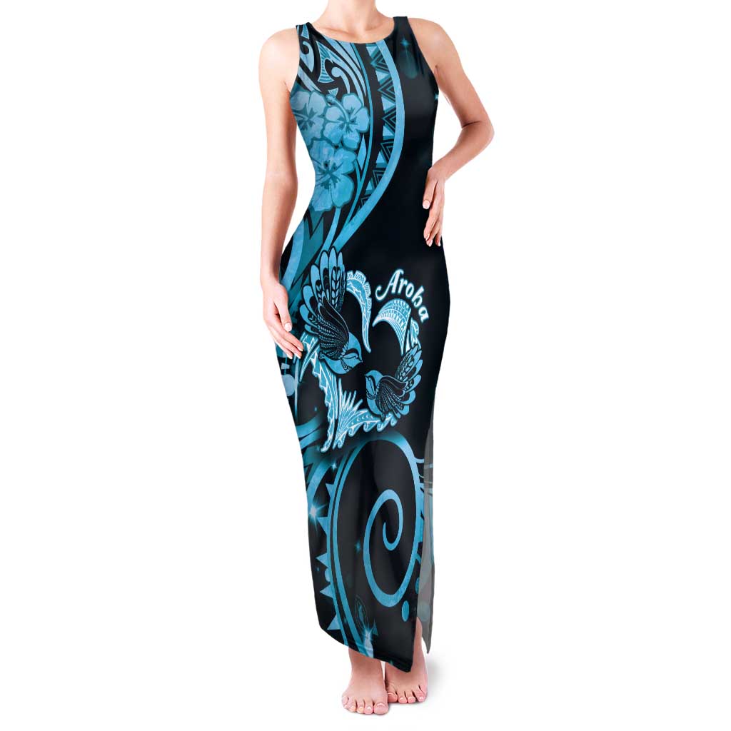 New Zealand Valentine Family Matching Tank Maxi Dress and Hawaiian Shirt Aroha Cyan Piwakawaka LT05 Mom's Dress Cyan - Polynesian Pride