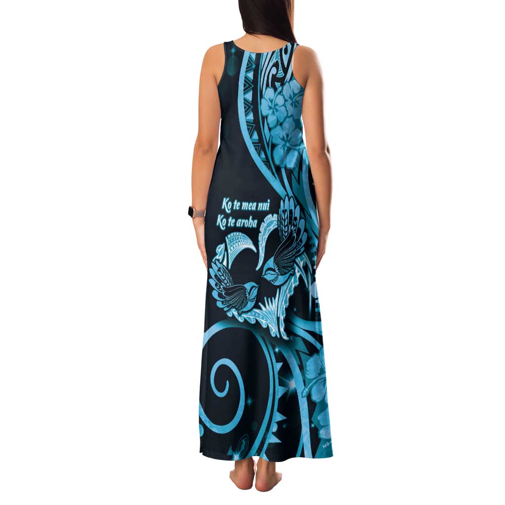 New Zealand Valentine Family Matching Tank Maxi Dress and Hawaiian Shirt Aroha Cyan Piwakawaka LT05 - Polynesian Pride