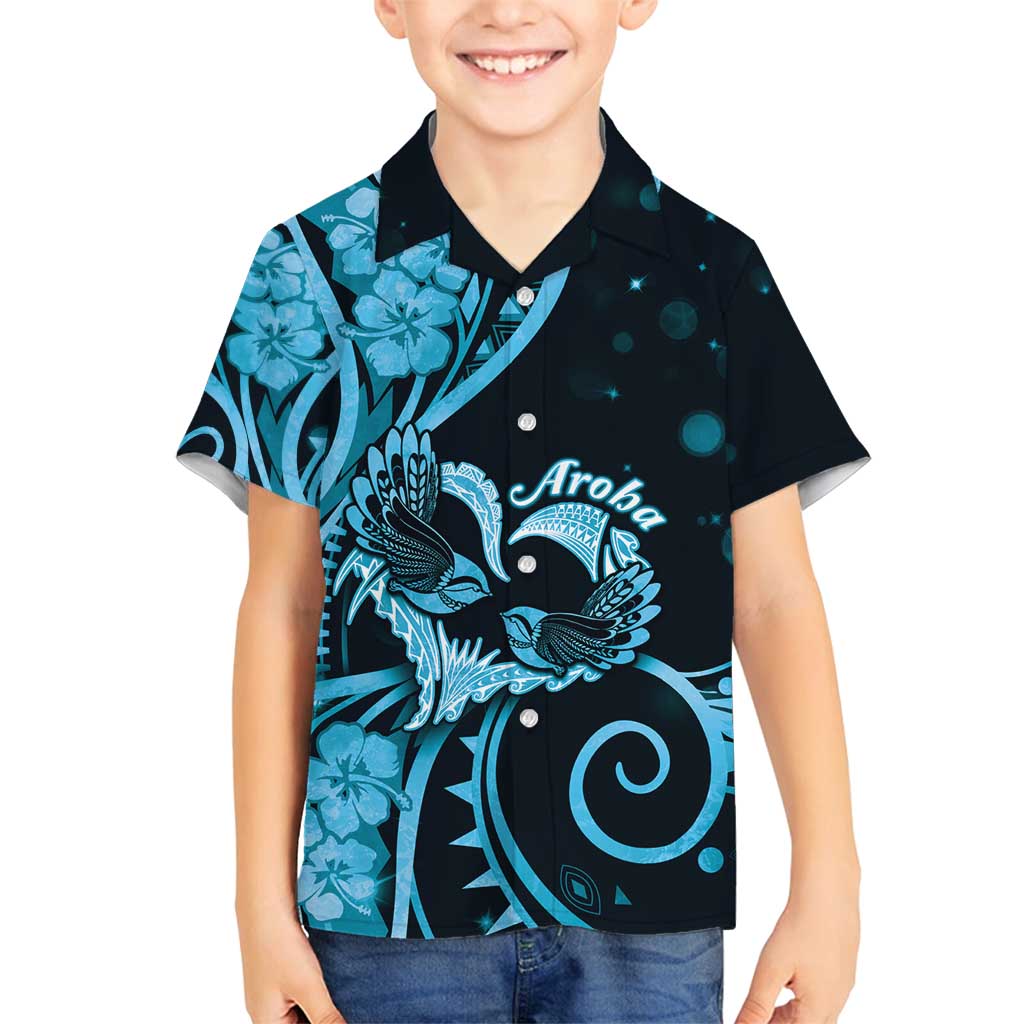 New Zealand Valentine Family Matching Tank Maxi Dress and Hawaiian Shirt Aroha Cyan Piwakawaka LT05 Son's Shirt Cyan - Polynesian Pride