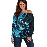 New Zealand Valentine Off Shoulder Sweater Aroha Cyan Piwakawaka LT05 Women Cyan - Polynesian Pride