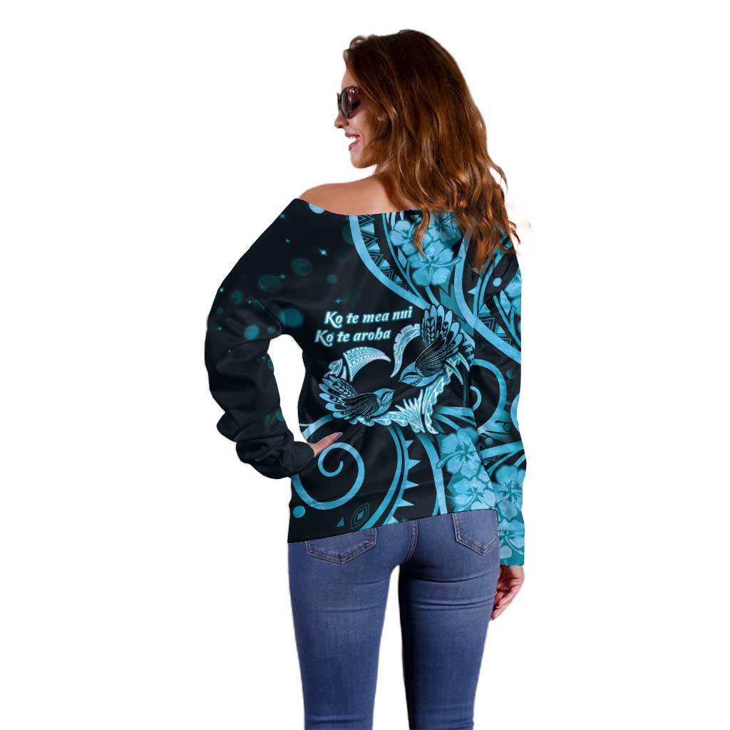 New Zealand Valentine Off Shoulder Sweater Aroha Cyan Piwakawaka LT05 - Polynesian Pride