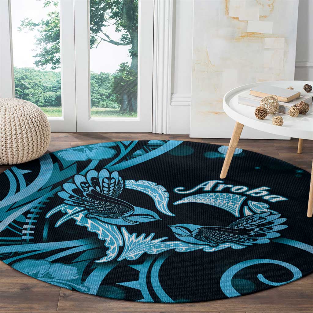 New Zealand Valentine Round Carpet Aroha Cyan Piwakawaka