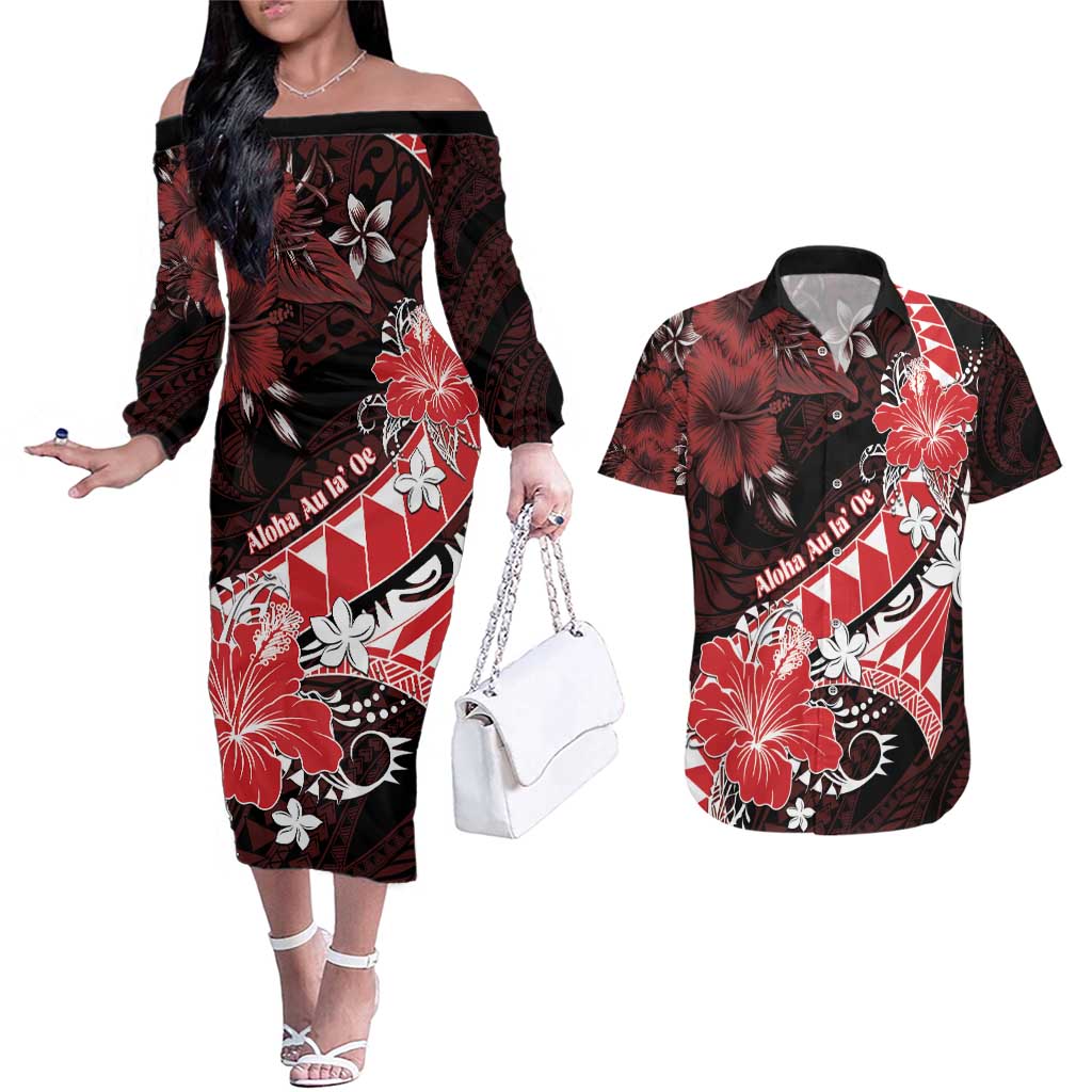 Personalised Hawaii Valentine Day Couples Matching Off The Shoulder Long Sleeve Dress and Hawaiian Shirt Polynesian Hibiscus Art Style Red LT05 Red - Polynesian Pride