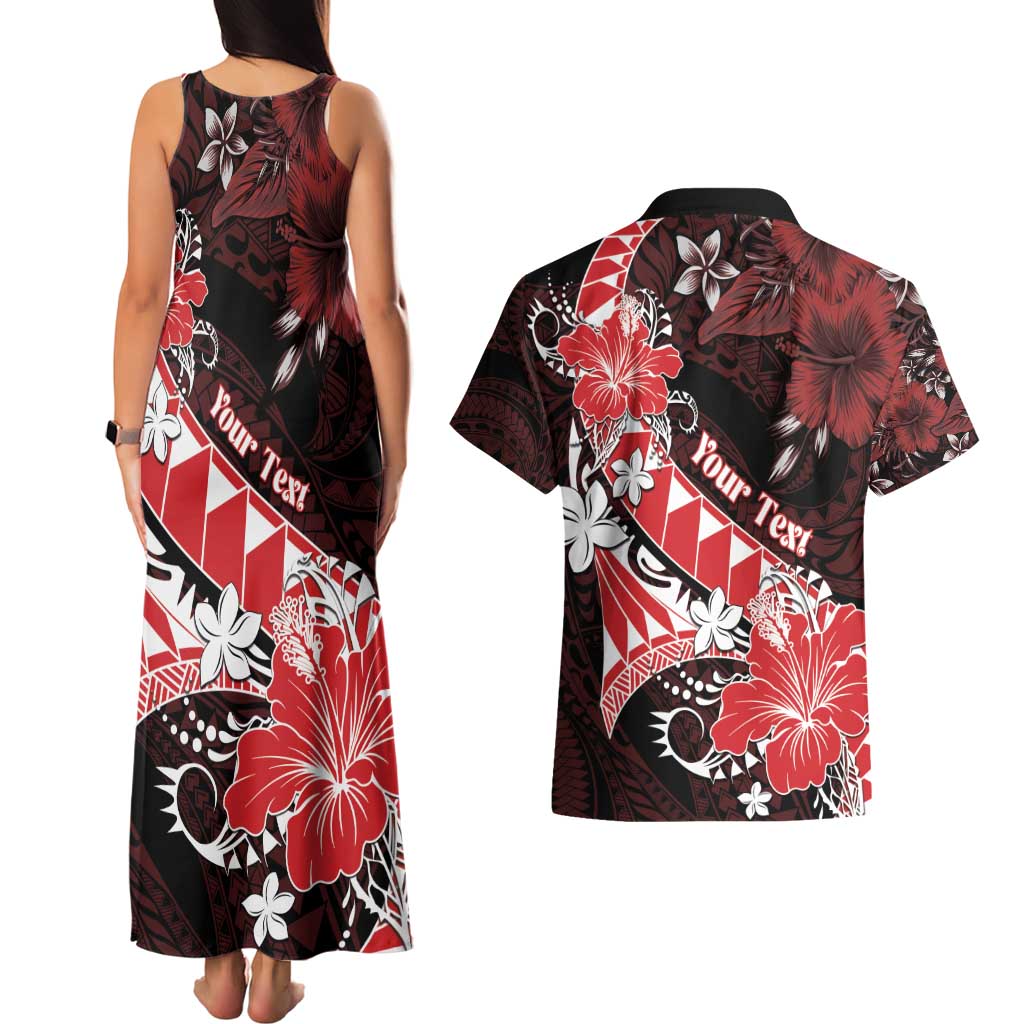 Personalised Hawaii Valentine Day Couples Matching Tank Maxi Dress and Hawaiian Shirt Polynesian Hibiscus Art Style Red