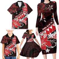 Personalised Hawaii Valentine Day Family Matching Long Sleeve Bodycon Dress and Hawaiian Shirt Polynesian Hibiscus Art Style Red LT05 - Polynesian Pride