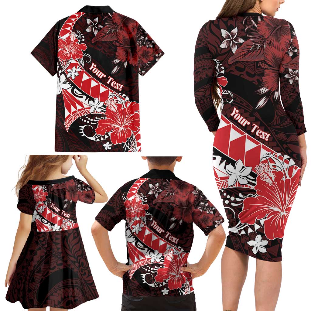 Personalised Hawaii Valentine Day Family Matching Long Sleeve Bodycon Dress and Hawaiian Shirt Polynesian Hibiscus Art Style Red LT05 - Polynesian Pride