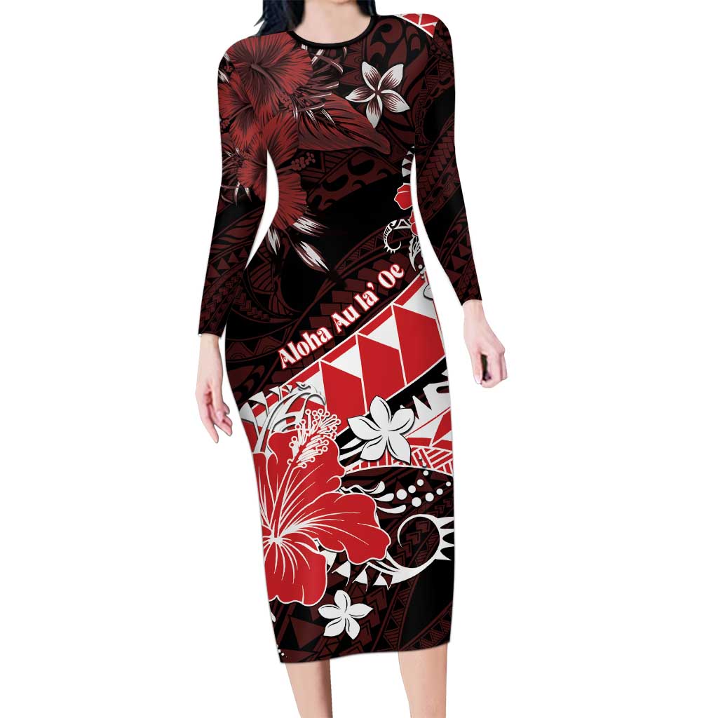 Personalised Hawaii Valentine Day Family Matching Long Sleeve Bodycon Dress and Hawaiian Shirt Polynesian Hibiscus Art Style Red LT05 Mom's Dress Red - Polynesian Pride