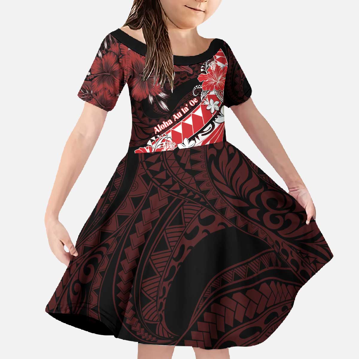 Personalised Hawaii Valentine Day Family Matching Off The Shoulder Long Sleeve Dress and Hawaiian Shirt Polynesian Hibiscus Art Style Red LT05 - Polynesian Pride
