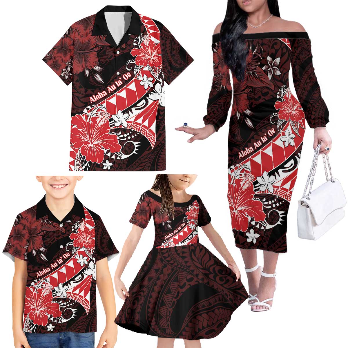 Personalised Hawaii Valentine Day Family Matching Off The Shoulder Long Sleeve Dress and Hawaiian Shirt Polynesian Hibiscus Art Style Red LT05 Red - Polynesian Pride