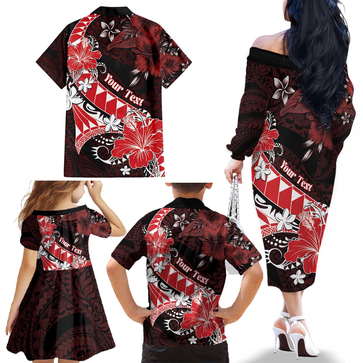 Personalised Hawaii Valentine Day Family Matching Off The Shoulder Long Sleeve Dress and Hawaiian Shirt Polynesian Hibiscus Art Style Red LT05 - Polynesian Pride