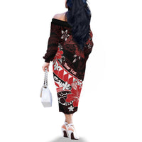 Personalised Hawaii Valentine Day Family Matching Off The Shoulder Long Sleeve Dress and Hawaiian Shirt Polynesian Hibiscus Art Style Red LT05 - Polynesian Pride