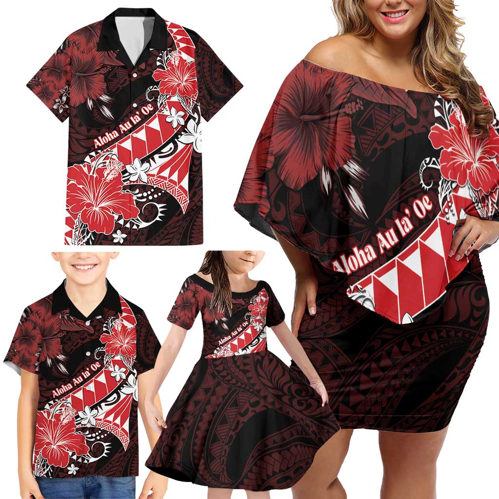 Personalised Hawaii Valentine Day Family Matching Off Shoulder Short Dress and Hawaiian Shirt Polynesian Hibiscus Art Style Red LT05 - Polynesian Pride